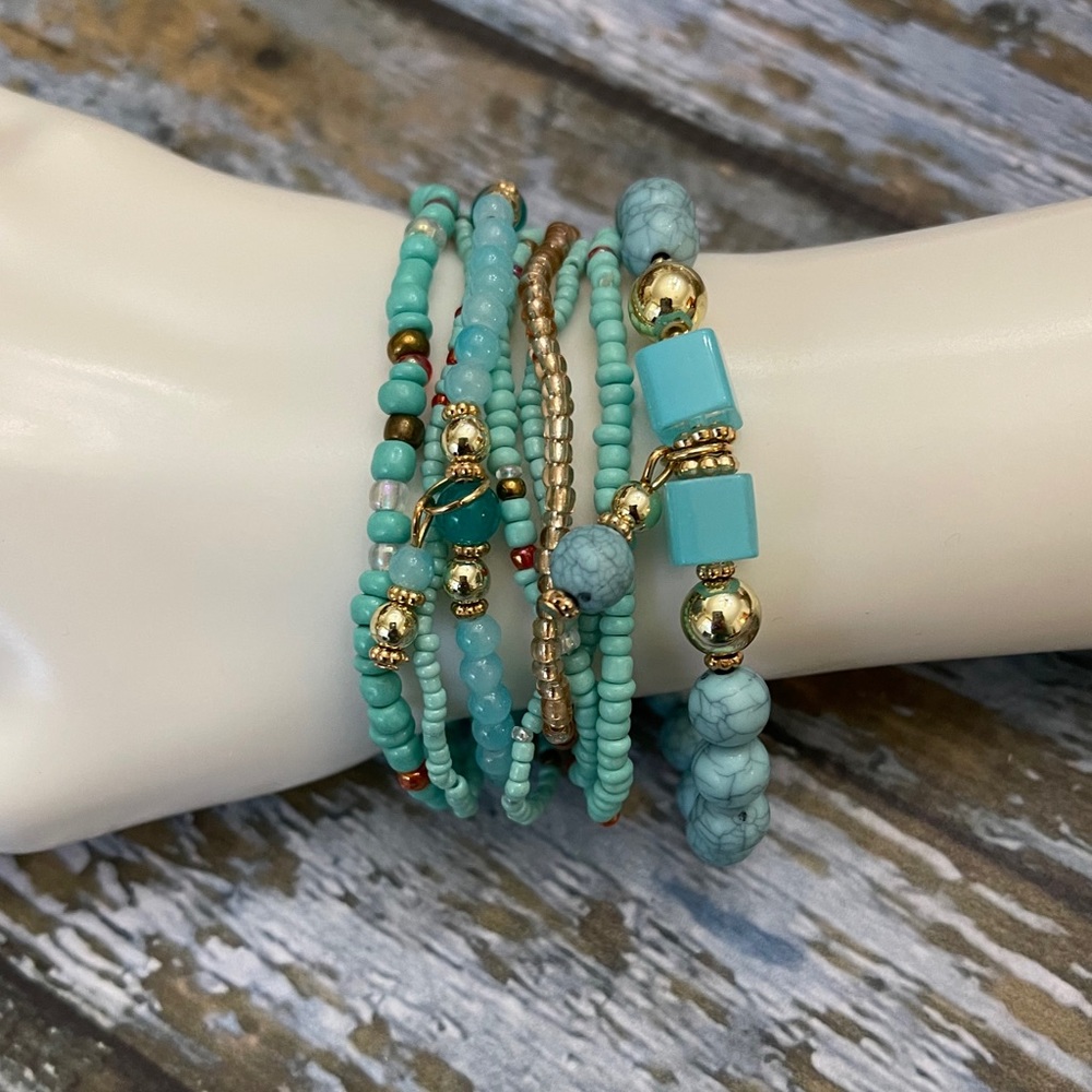 Blue & Gold Seed Bead Bracelets Set of 8 NWT